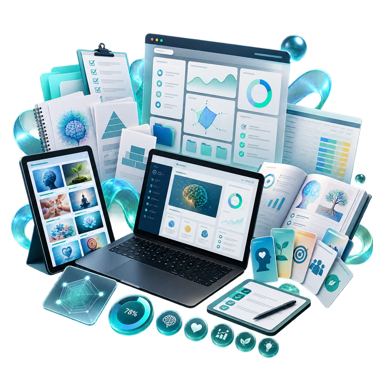 Composição com notebook, tablet, planilhas, relatórios em PDF e dashboards de testes de desenvolvimento humano