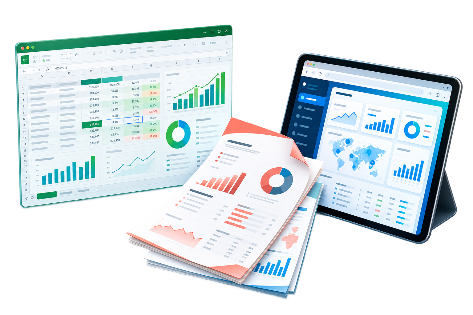 Tablet, planilha em Excel e relatórios impressos com gráficos coloridos dos testes