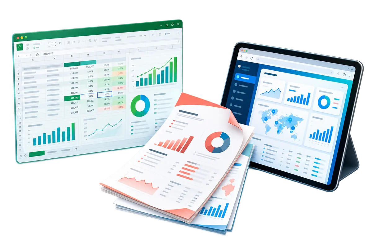 Tablet, planilha em Excel e relatórios impressos com gráficos coloridos dos testes